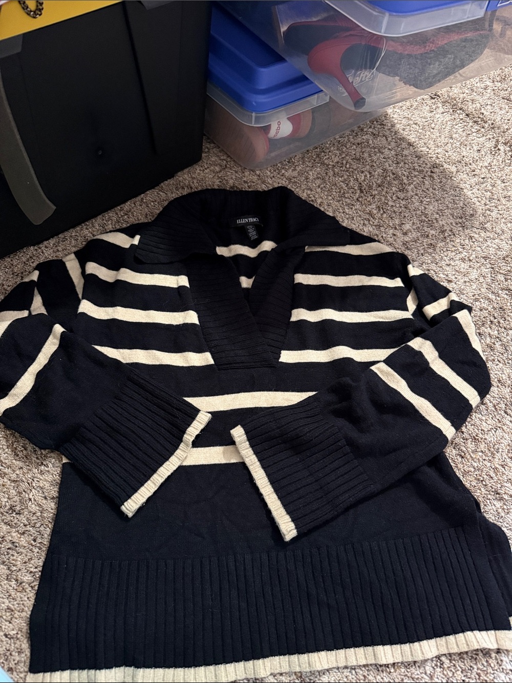 Ellen Tracy Black and Cream Striped V-Neck Sweater